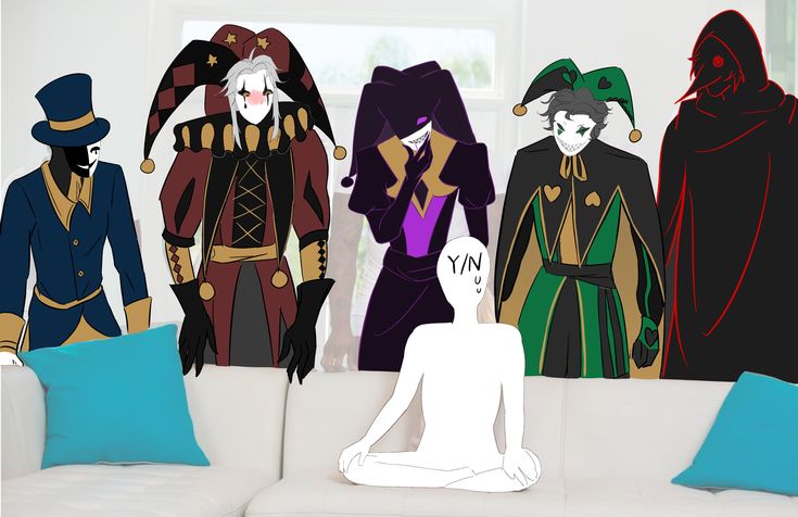 The Freak Circus full character cast illustration featuring Pierrot and Harlequin
