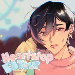 A screenshot from Heartstop Tour, featuring a cute pink bear mascot and a surprised character.